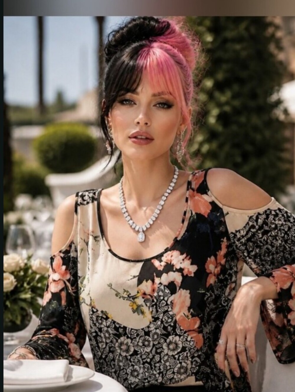 Guess Floral Cold-Shoulder Blouse in Black and Beige with Peach Prints